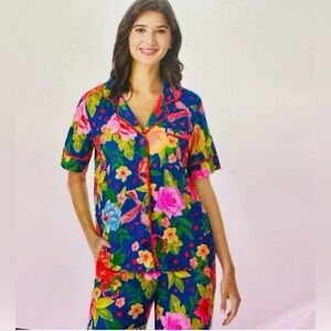 Women’s Pajama Set Button Up Top Room Service Bright Floral Light Size XL NWT